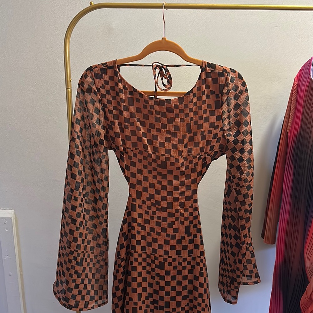Orange & Black Checkered Backless Maxi Dress.